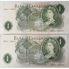 GREAT BRITAIN UK 1966 . ONE 1 POUND BANKNOTES . CONSECUTIVE PAIR . ERROR . MIS-MATCH SERIALS